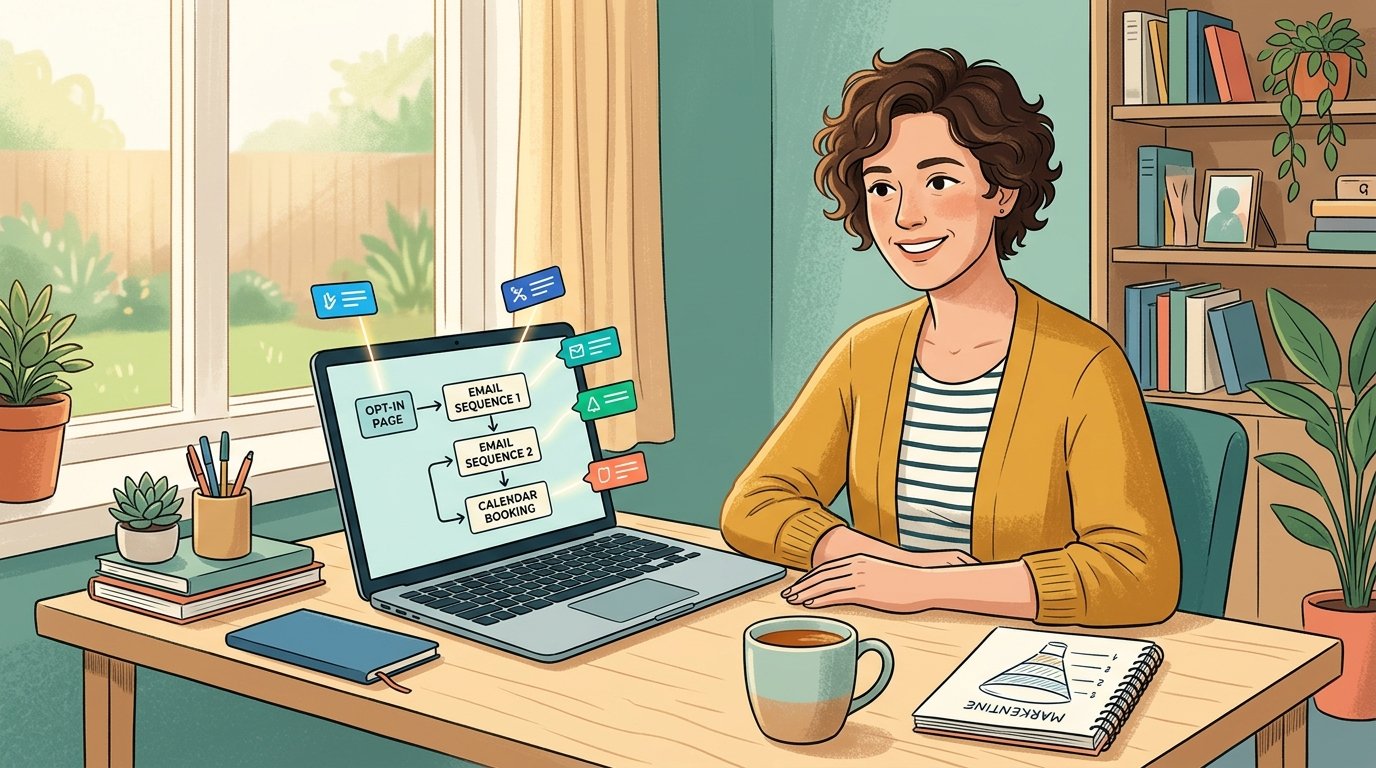 Coach setting up a Systeme.io funnel with tags and email sequences on a laptop